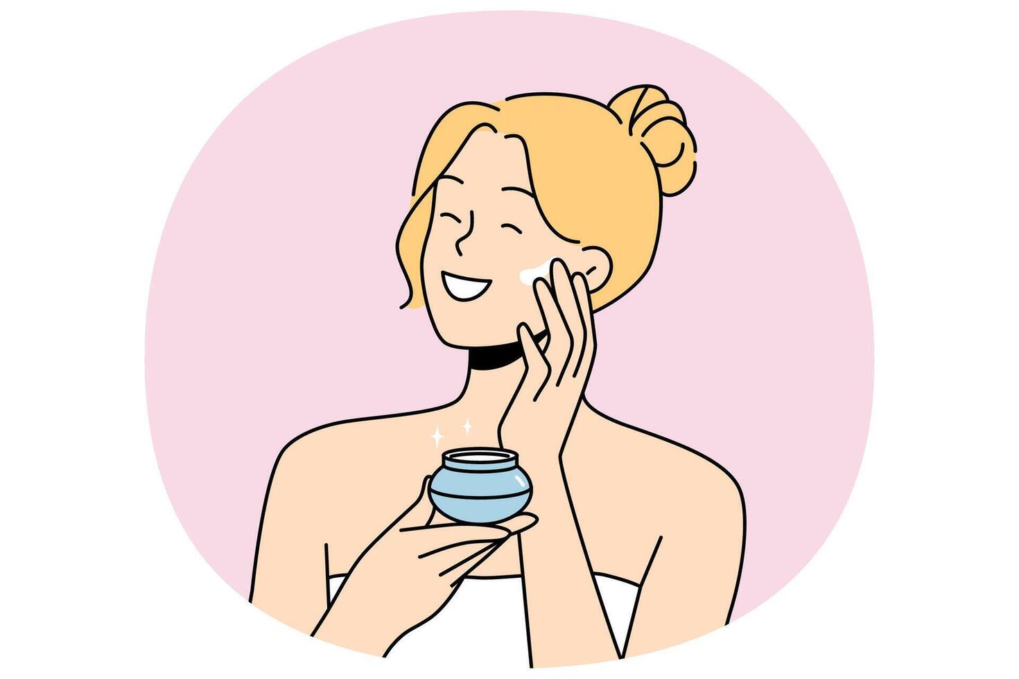 Woman applies anti-aging cream to face to stay beautiful, standing in bath towel after shower. vector