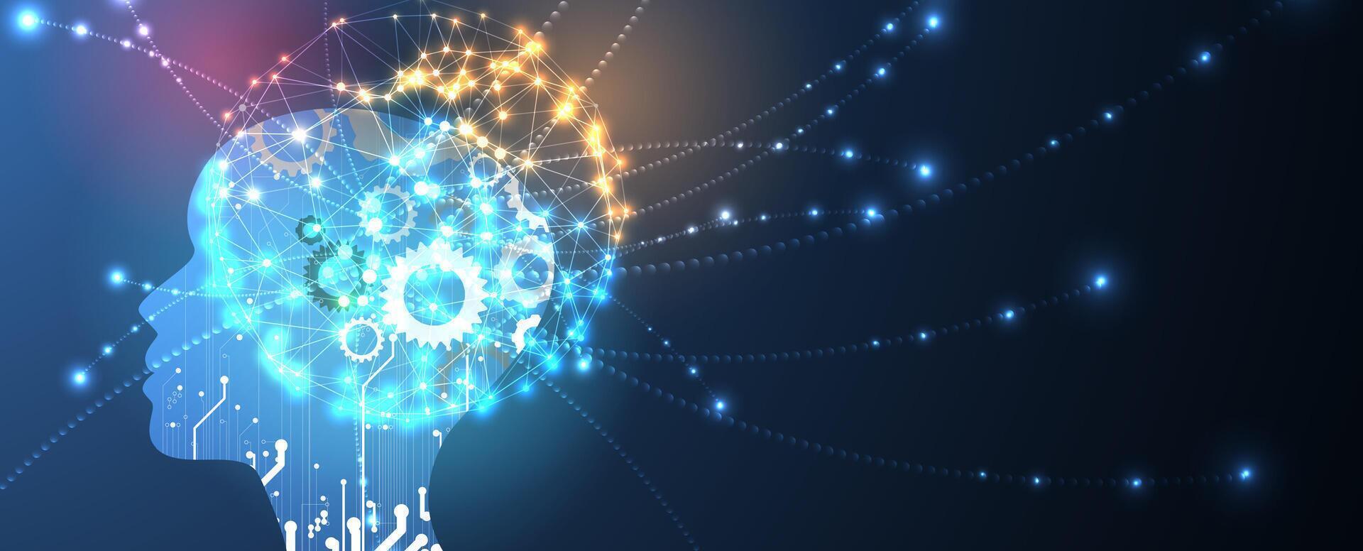 The brain is glowing with light and connected to the internet vector