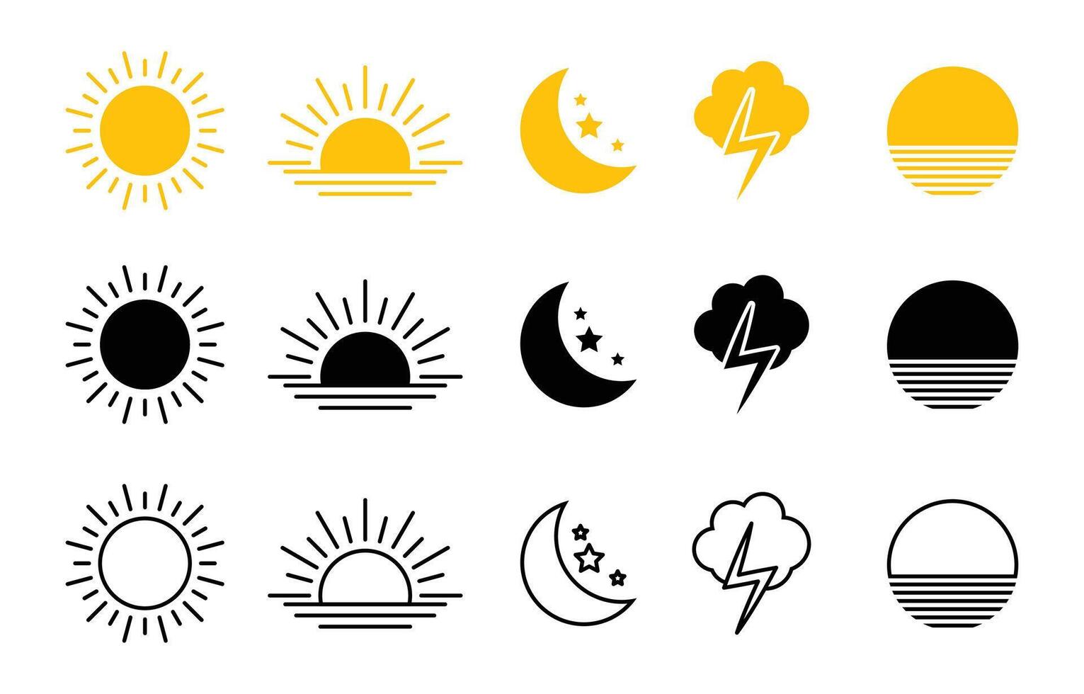 Weather flat icons set. Parts of the Day Morning, Afternoon, Noon, Evening ,Night Icons. Sunset and Night Icons, Simple glyph silhouette signs for web. vector