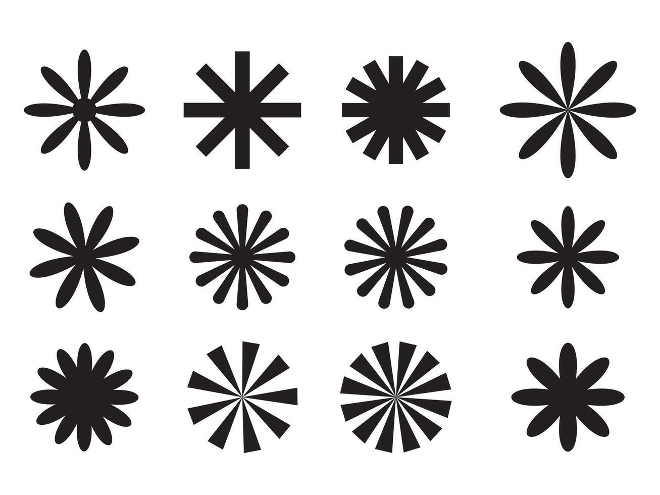Set of brutalism figure shapes, Brutalist design icons and signs. minimalist geometric elements, star flower, sun ray frame design. Modern elements Swiss style figures stars flowers circles vector