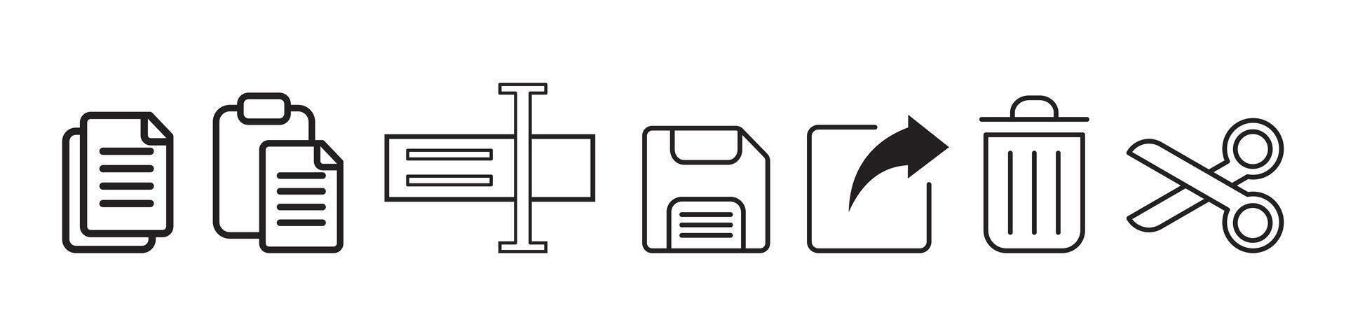 copy, paste, Cut, rename, share, save and delete icon symbol collection in line style, vector