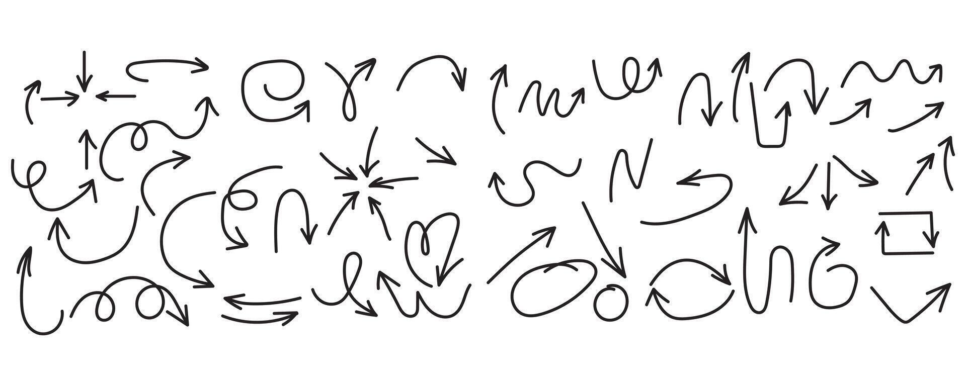 hand drawn arrows Collection. Set of curved arrows hand drawn. Sketch doodle style. Set simple arrows isolated on white background. Arrow mark icons. Arrow paint. vector