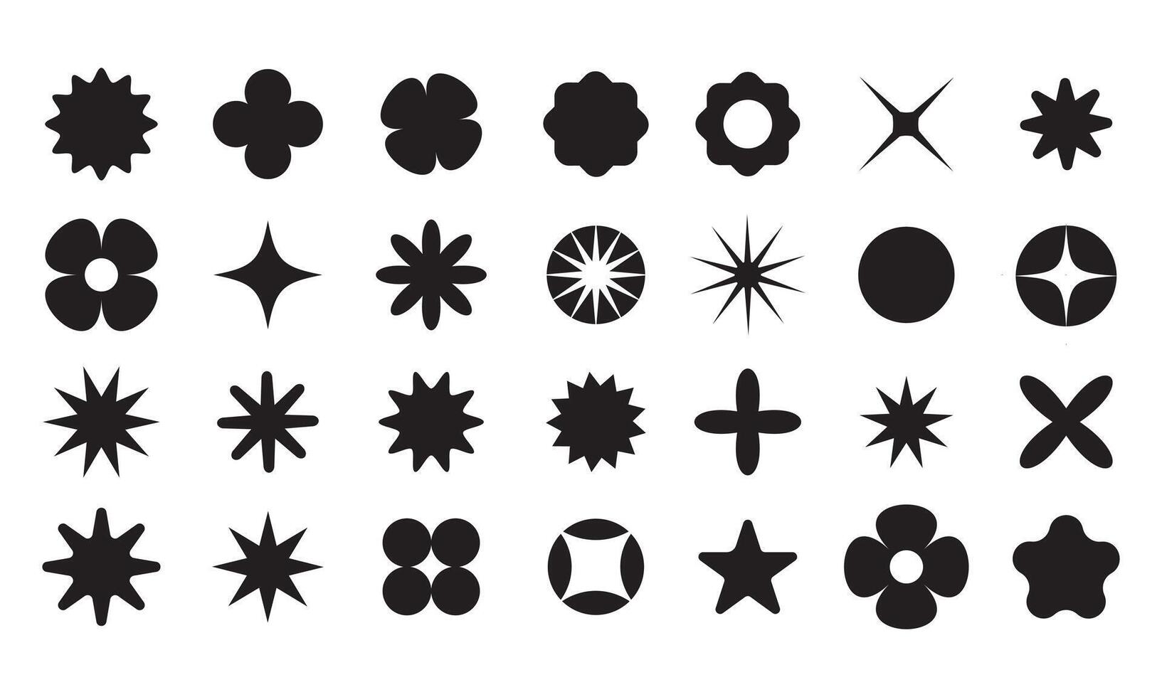 Abstract shape elements. Y2k rave cyber brutalist geometric kit. Retro Swiss style graphic star icons, bold forms, signs, sparks and flowers. Bauhaus set of colorful shapes on white background vector