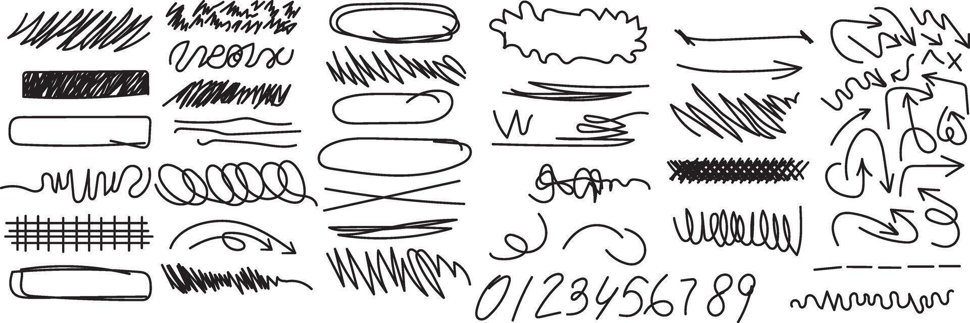 Set of Grungy Black Graphic Elements. Hand drawn Pencil or Marker underlines and strikethrough, scribble emphasis lines, circles, ovals and crosses. All Elements are grouped and isolated white, vector
