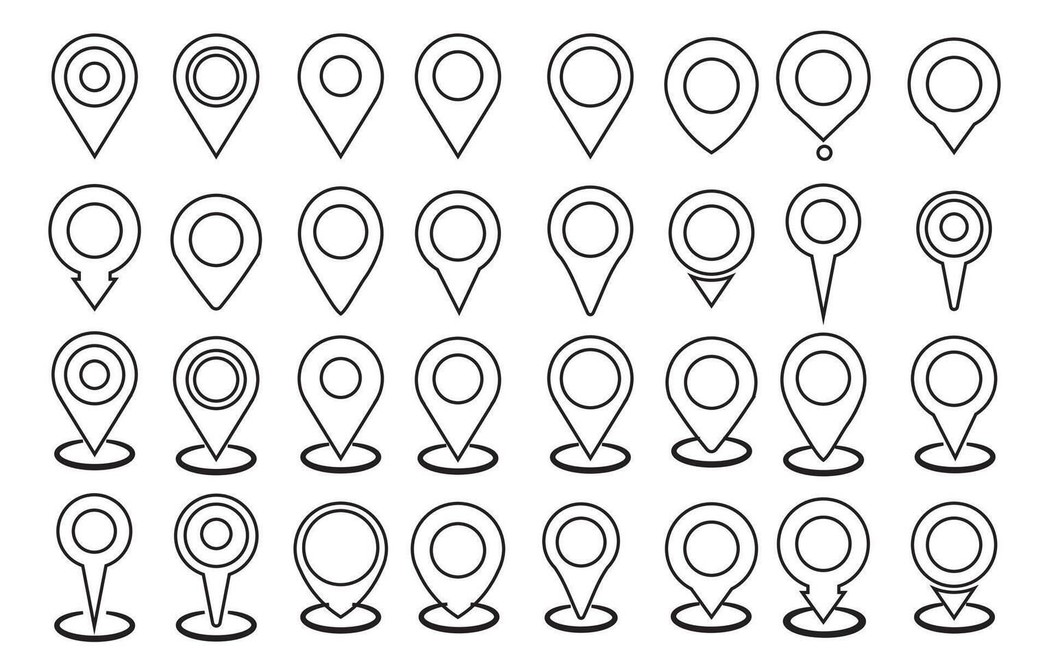 Set Of Address place icon symbol in outline Pin icon set. Location icon . destination icon. map pin. Map marker pointer. GPS location symbol. Flat style. vector