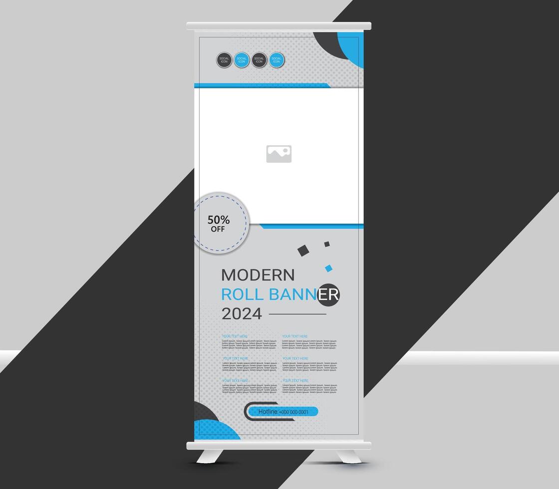Modern blue and white geometric roll up banner template design vector