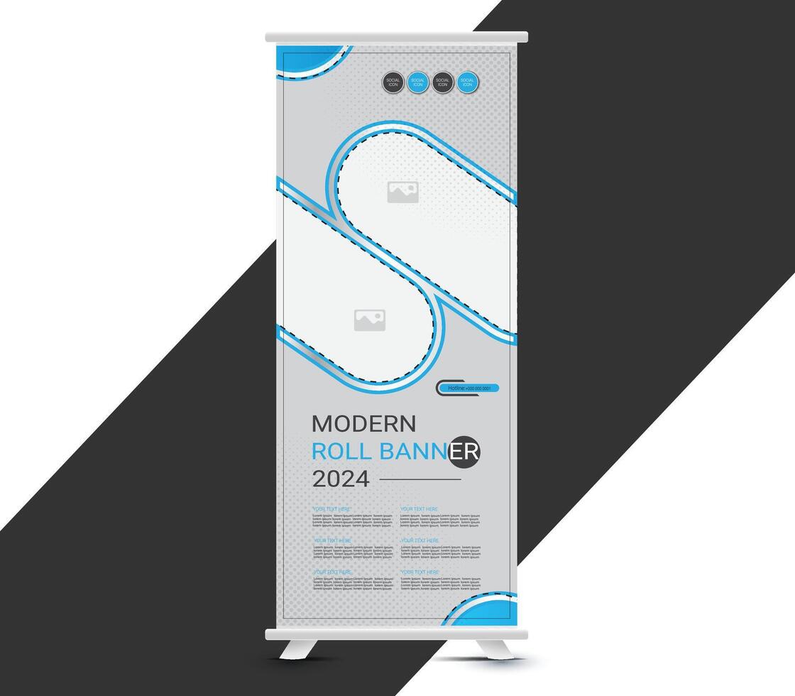 Modern blue geometric roll up banner template design vector