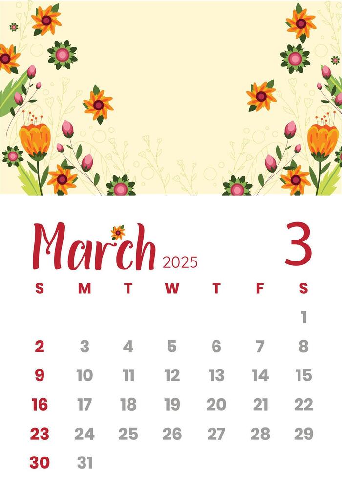 Elegant March 2025 Calendar Design with Minimalist Layout vector