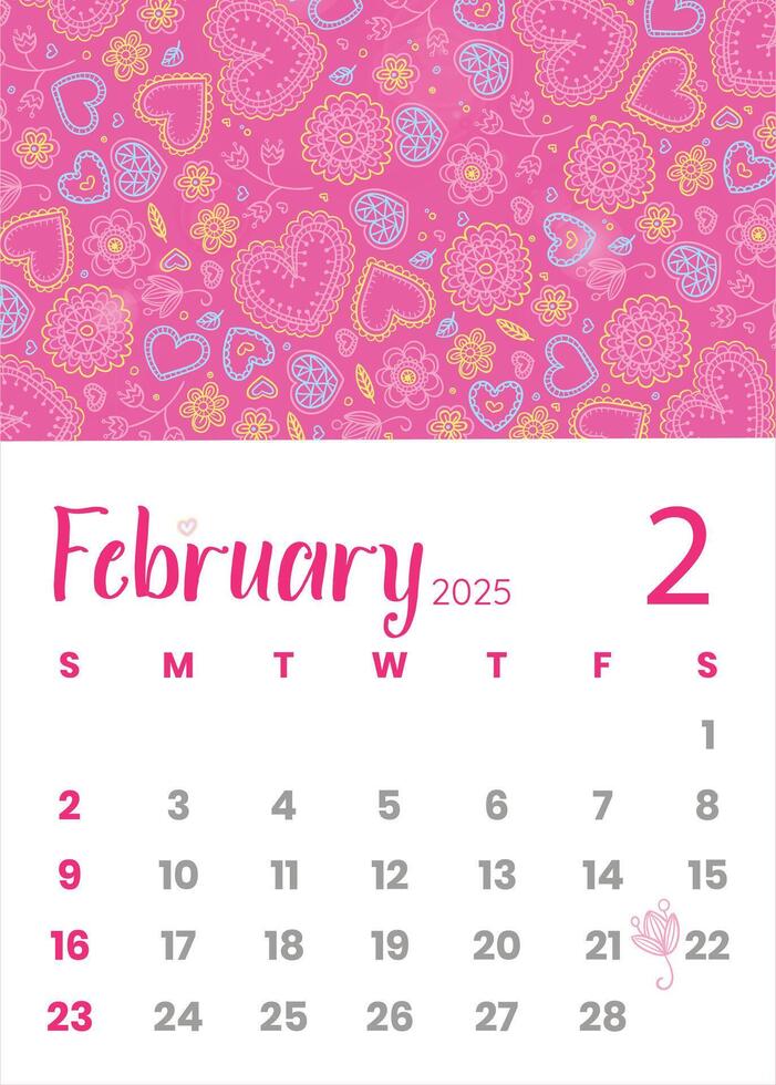 February 2025 Calendar Template with Pink Hearts and Romantic Theme vector