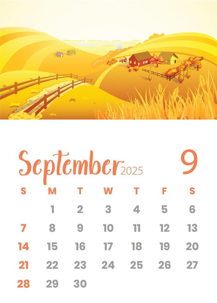 Charming September 2025 Calendar with Farm Fields Theme and Rustic Vibes vector