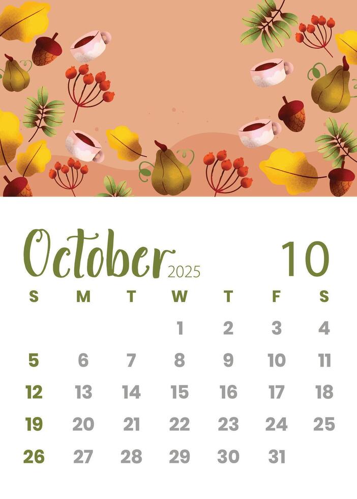 Cozy October 2025 Calendar with Tea Leaves and Nuts Theme for Autumn Comfort vector