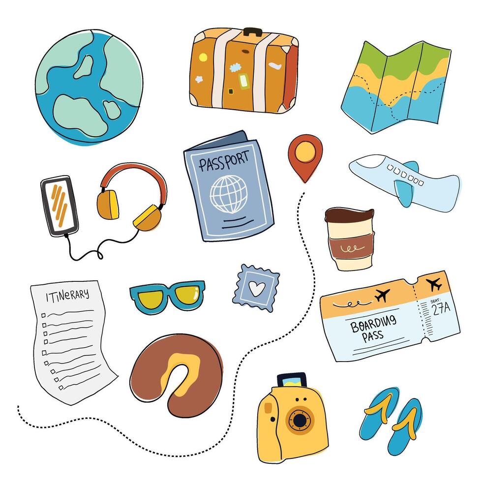 Travel elements set airplane ticket map suitcase doodle cute vector