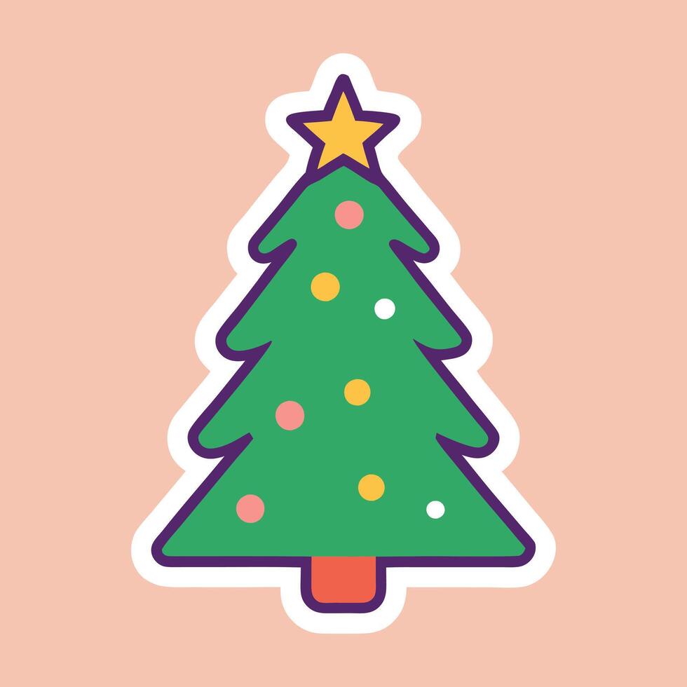 Minimal Christmas Tree Sticker with Lights, Star, and Festive Holiday Decoration vector