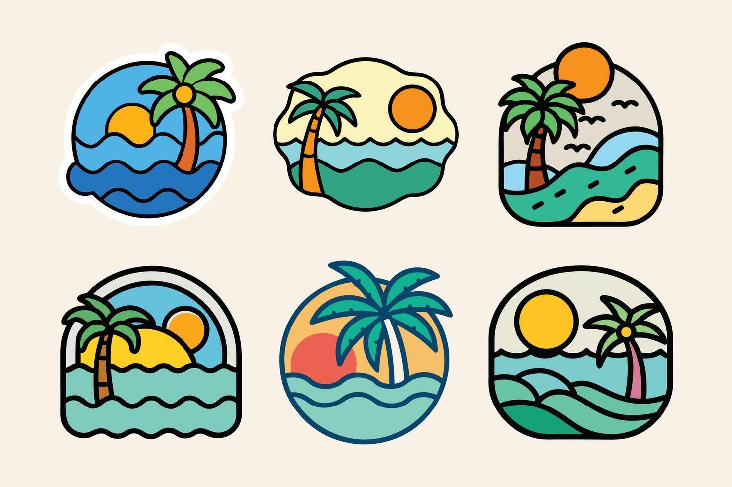 Vintage Beach Sticker Icon Collection Retro Palm Tree and Sunset Designs for Travel and Adventure vector