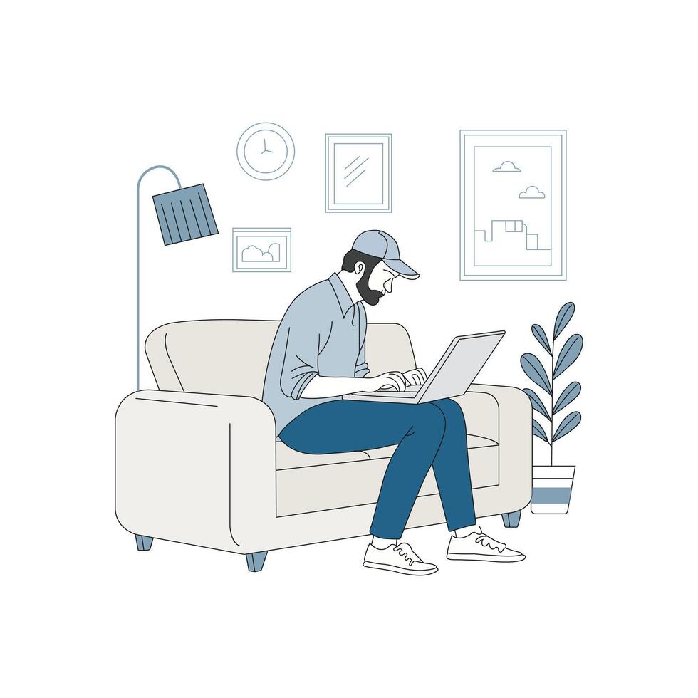Smart young man using laptop to do office work vector