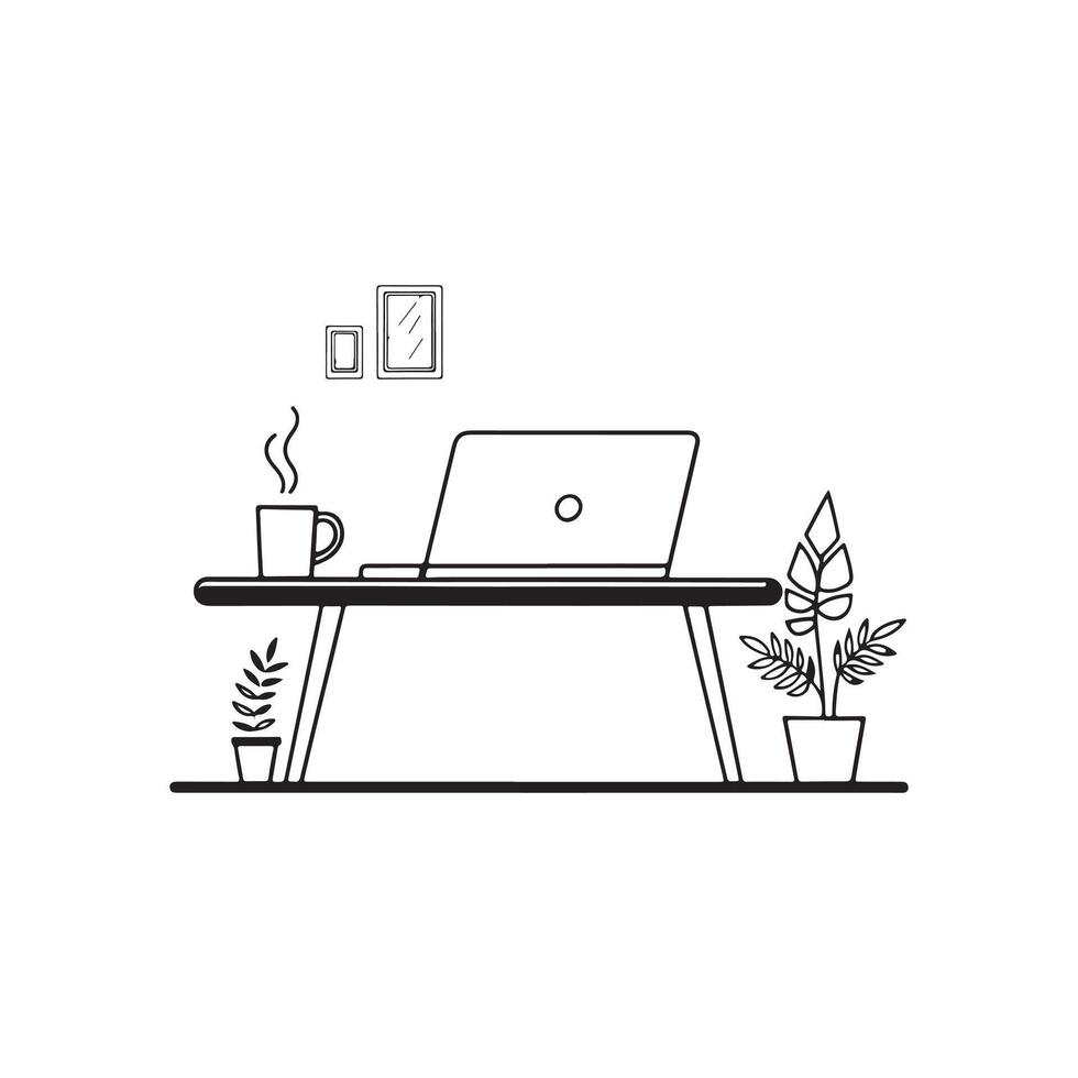 A black and white drawing of a table and laptop vector