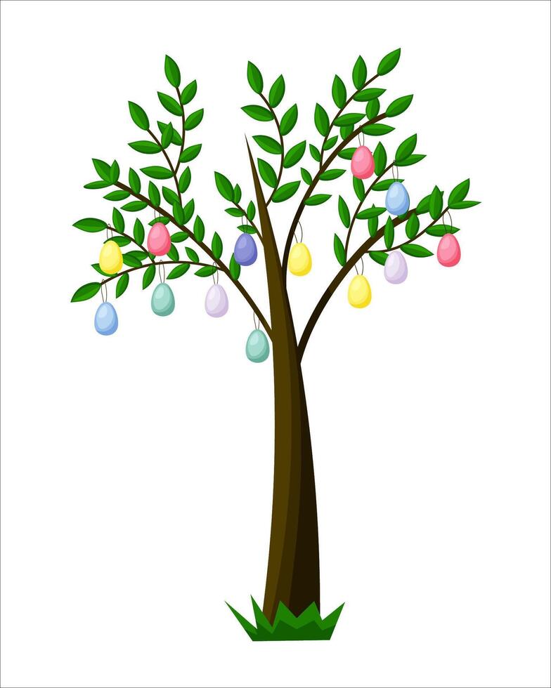 Easter tree. Spring tree with colorful Easter eggs. Green blossoming leaves. White background vector