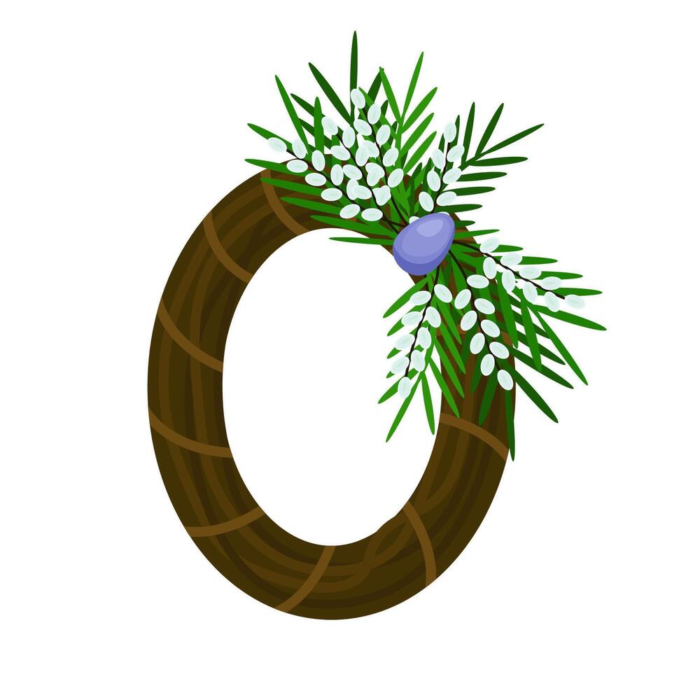 Easter willow wreath. Spring willow with colourful egg. Easter eggs. Easter decoration. Isolated illustration on the white background vector