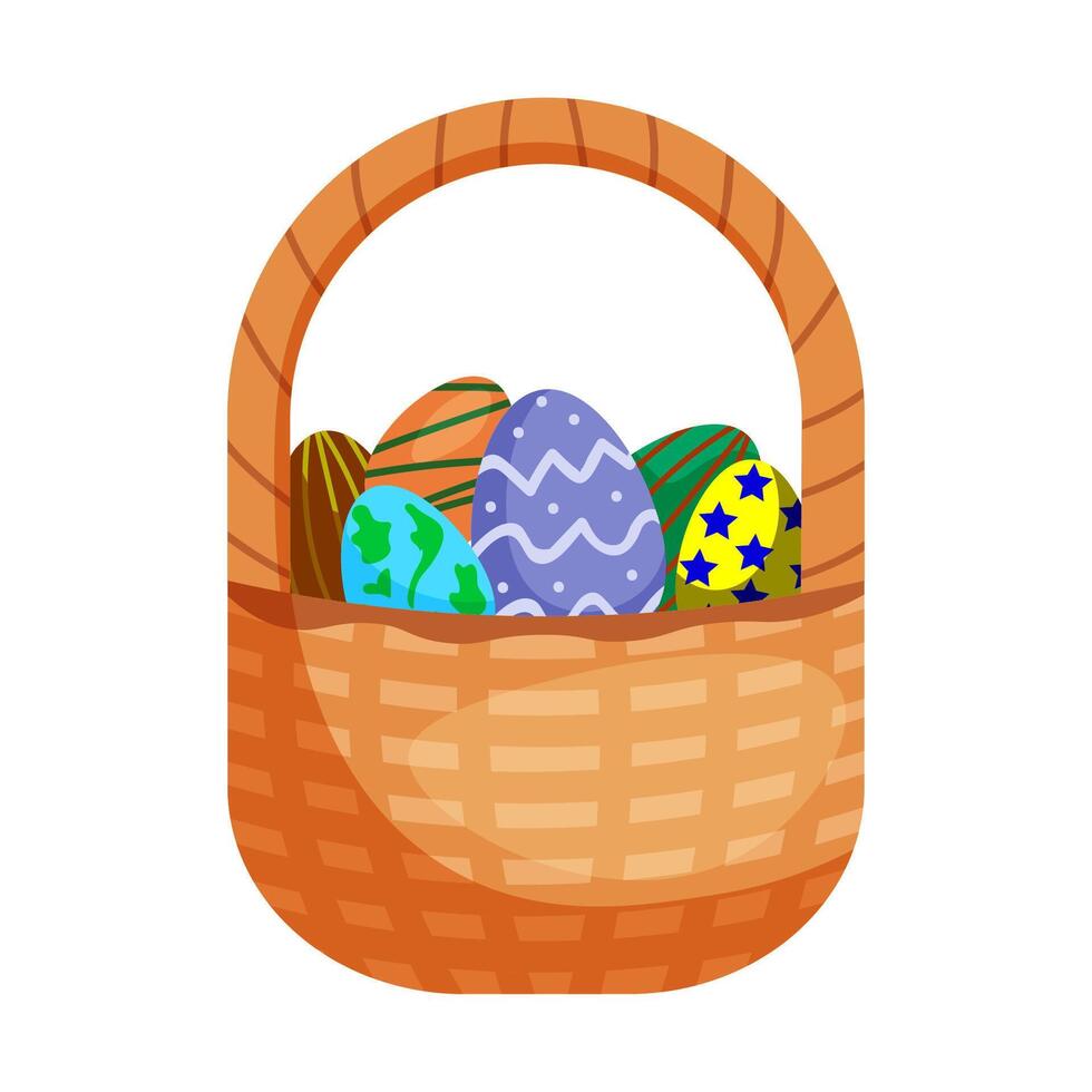 Basket of Easter eggs on a white background. Colored Easter eggs. Easter egg hunt. Easter decorations. Easter celebration. vector
