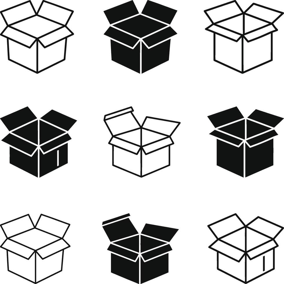 Open Box icon set. Open the package icon. Open product cardboard carton paper parcel sign. Cardboard icon trendy design template. Box Packaging symbol illustration. vector