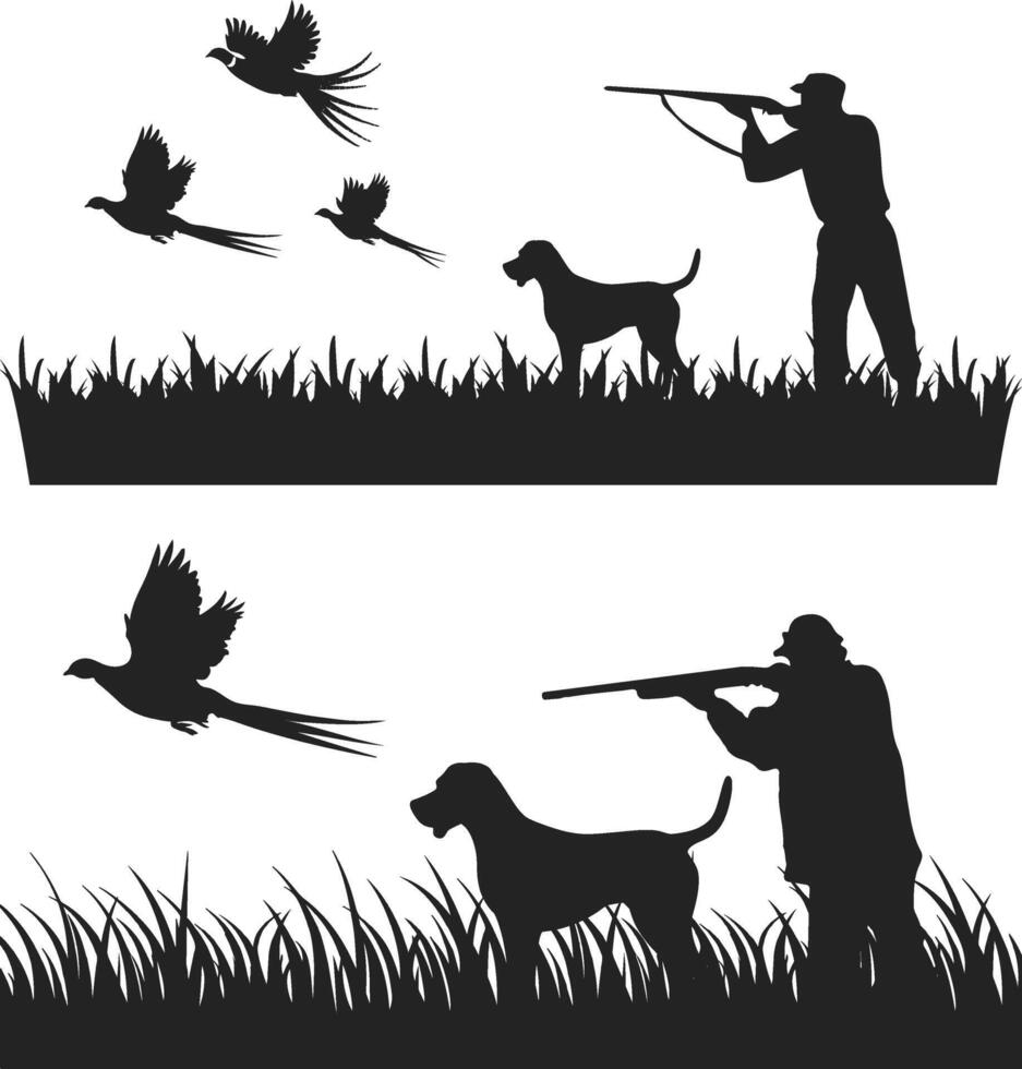 Pheasant Hunter with German Wirehaired Pointer Hunting Dog, Hunter with dog aiming with rifle on pheasant. Outdoor hunting scene. silhouette hunting isolated on white. vector