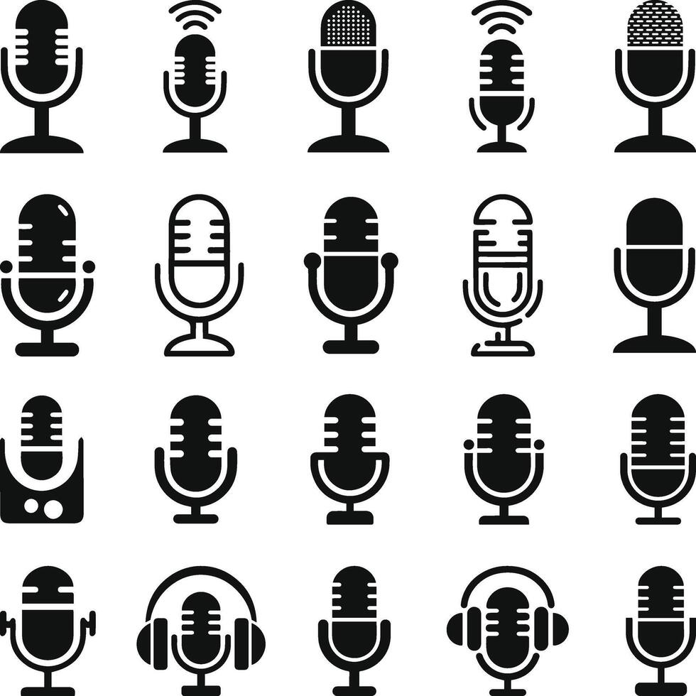 Microphone icon symbol vectors on white background, Podcast black liner icon collection