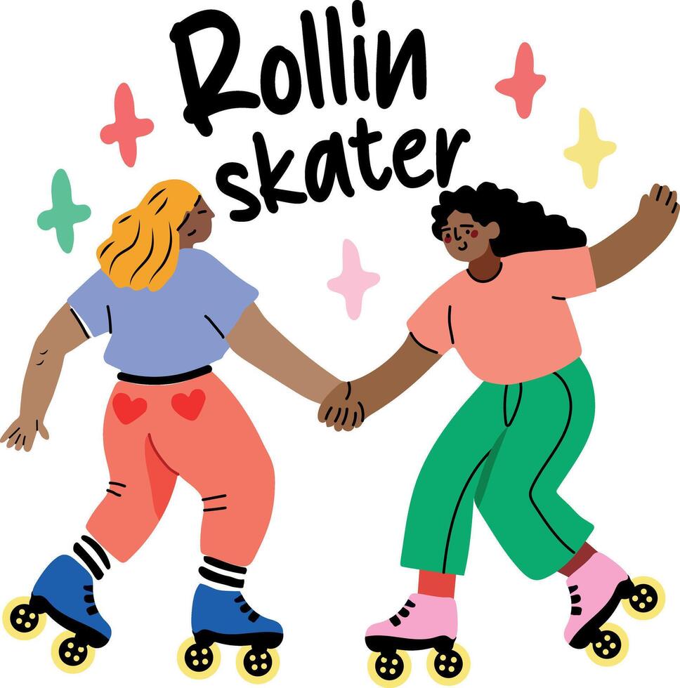 Two girls enjoy skating, sticker in flat style vector