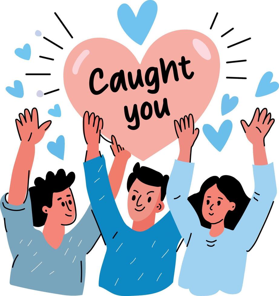 Flat sticker of a group of friends smiling and holding up a heart with the text caught you vector