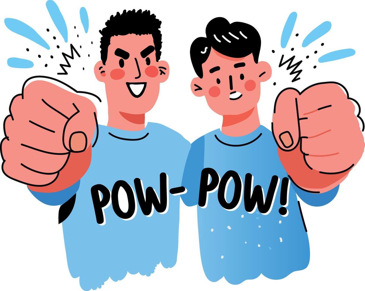 Flat sticker of two friends making a fist bump with pow pow typography vector
