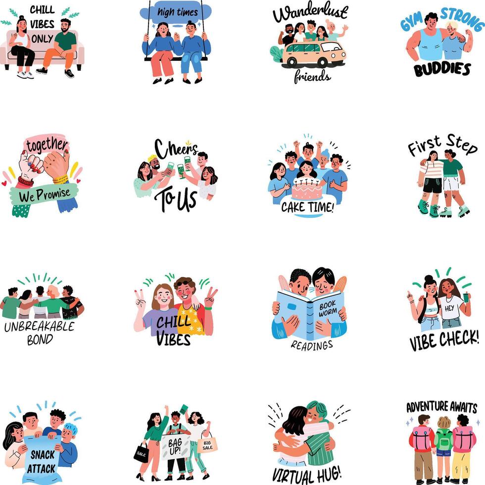 Set of Flat Style Cute Friends Stickers vector