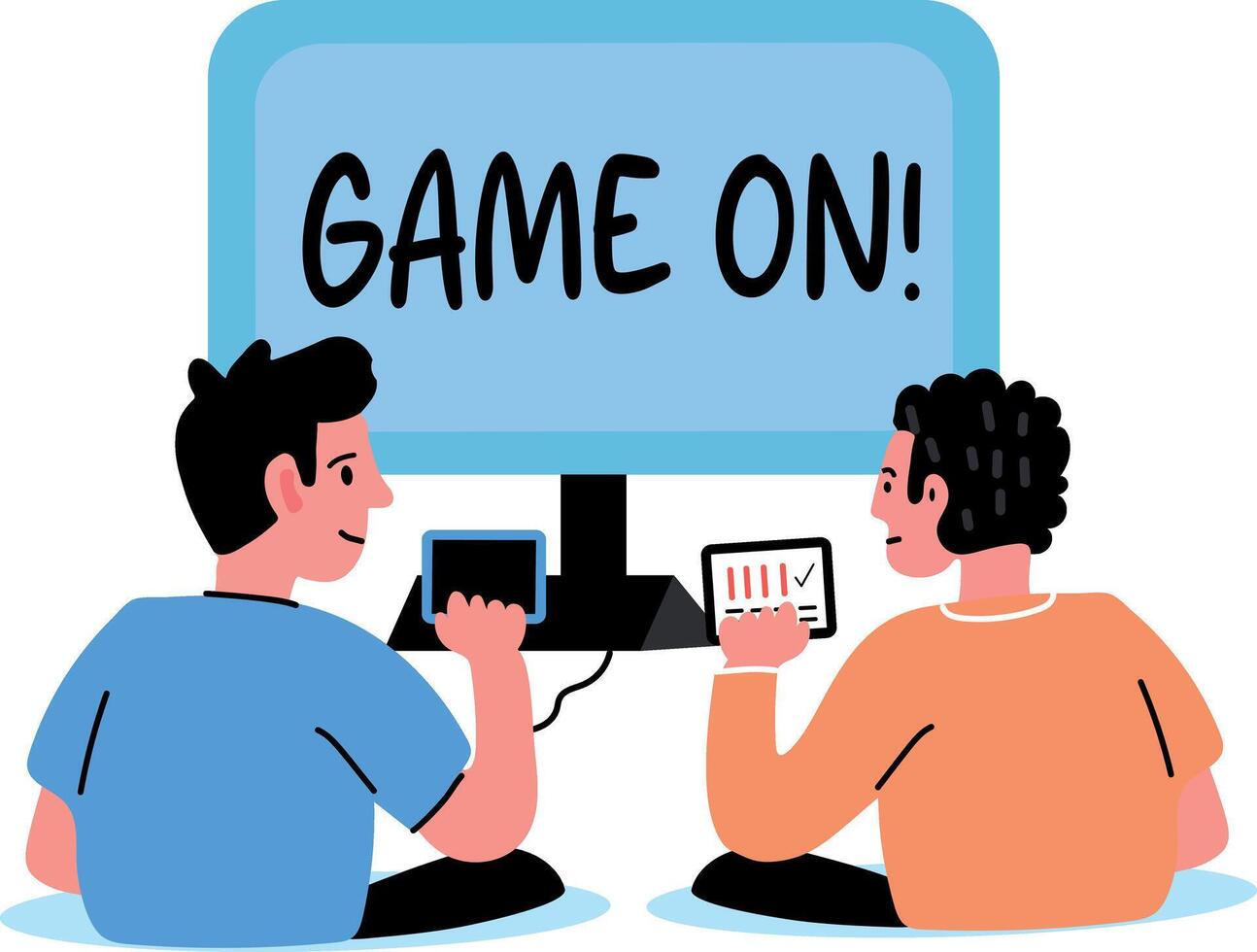 Flat sticker of two friends playing together, with the words game on displayed on a screen vector