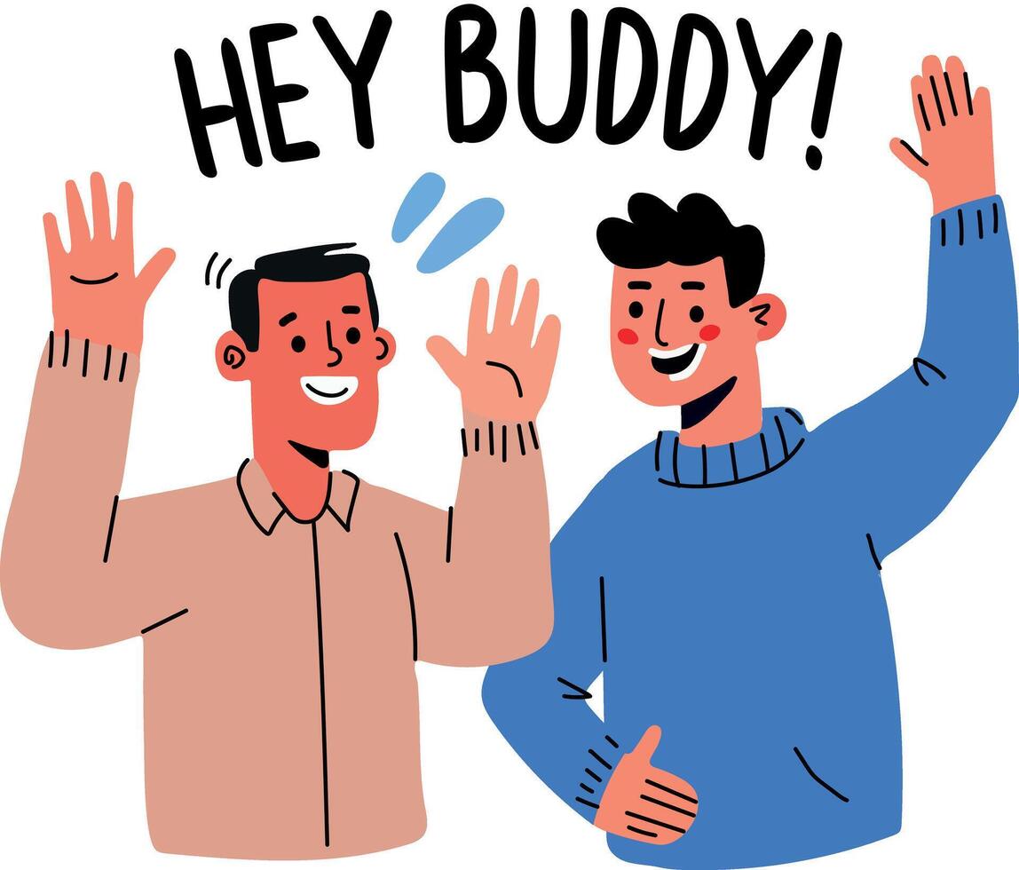 Flat sticker of two friends waving hello and saying hey buddy vector