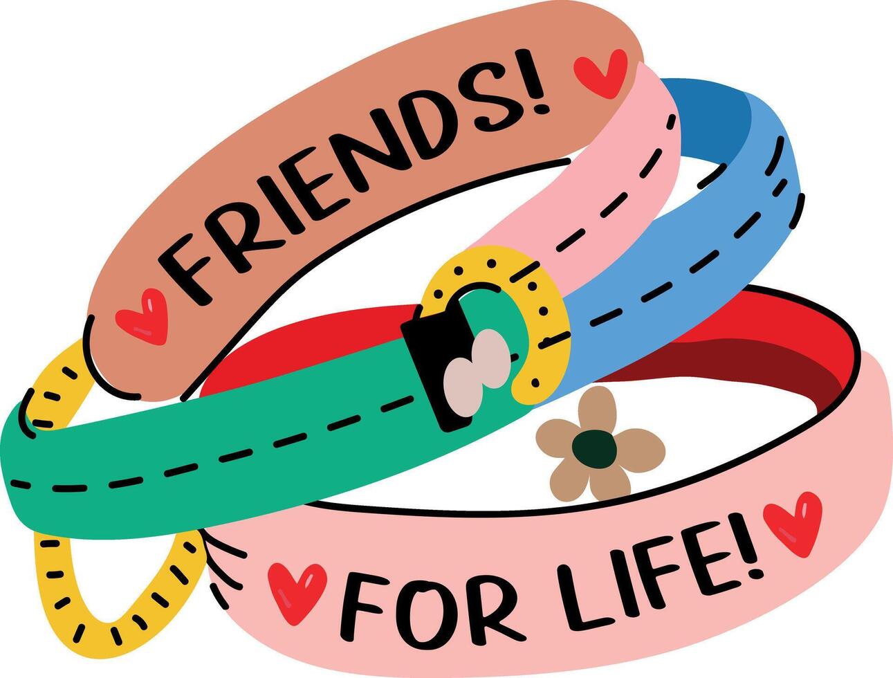 A flat sticker of friendship bracelets with the words friends and for life on them vector
