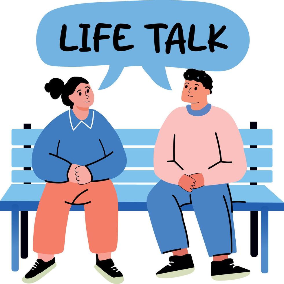 Flat ticker of two friends sitting on a bench having a conversation with life talk typography vector