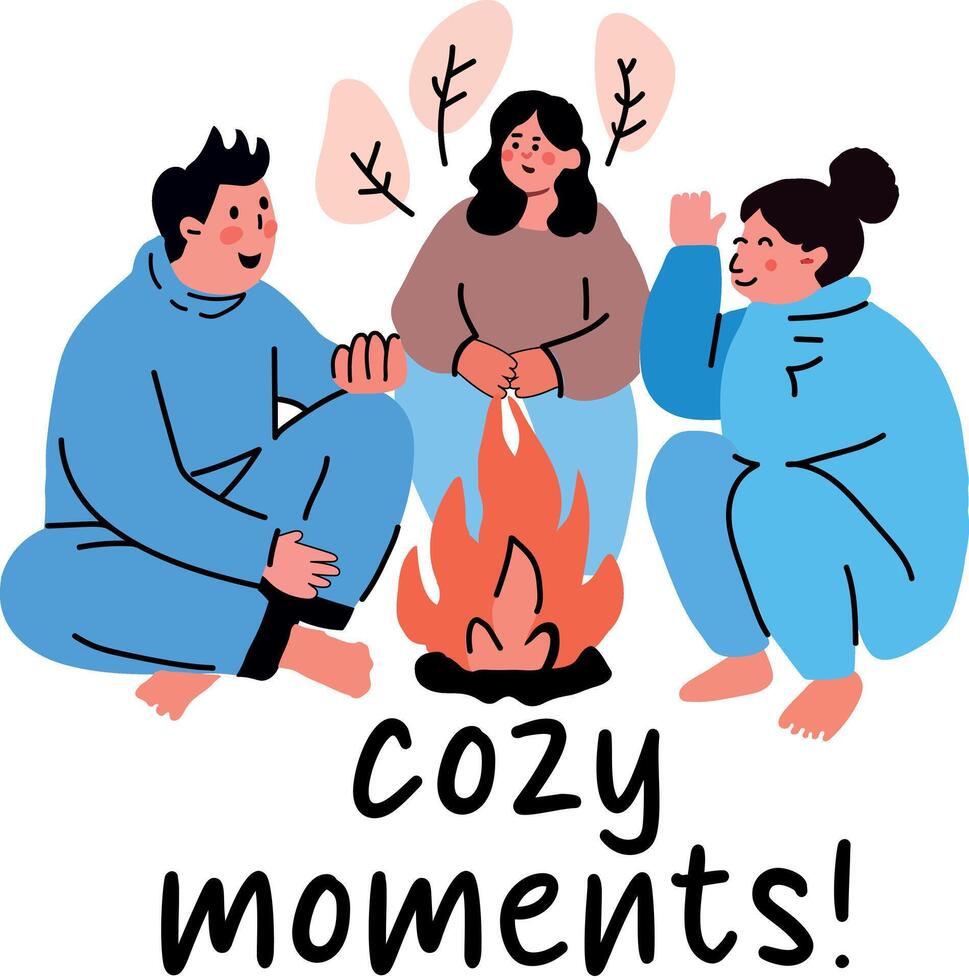 Flat sticker of people sitting around a campfire, enjoying cozy moments vector