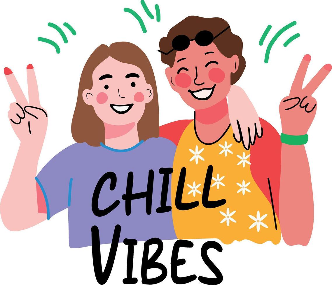 Happy friends with chill vibes typography, flat style sticker vector