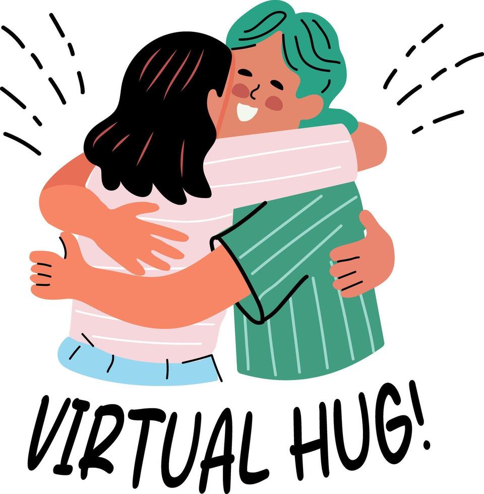 A flat sticker of two friends with virtual hug typography vector