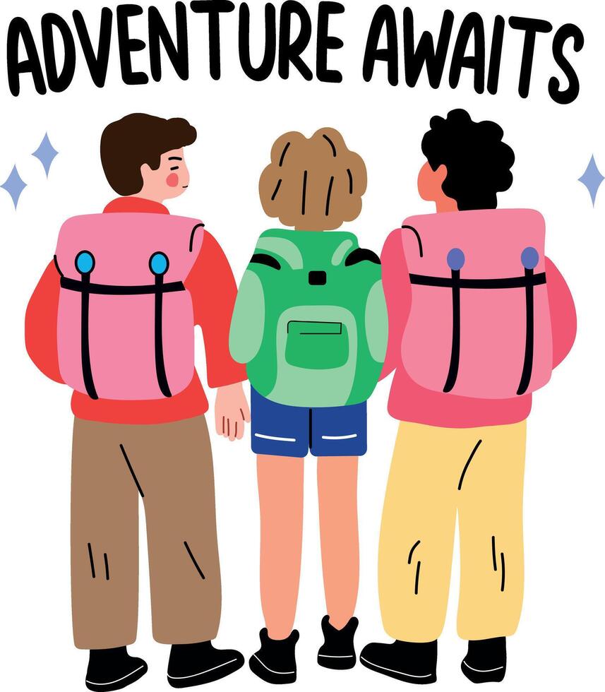 A flat sticker of group of friends with adventure awaits typography vector