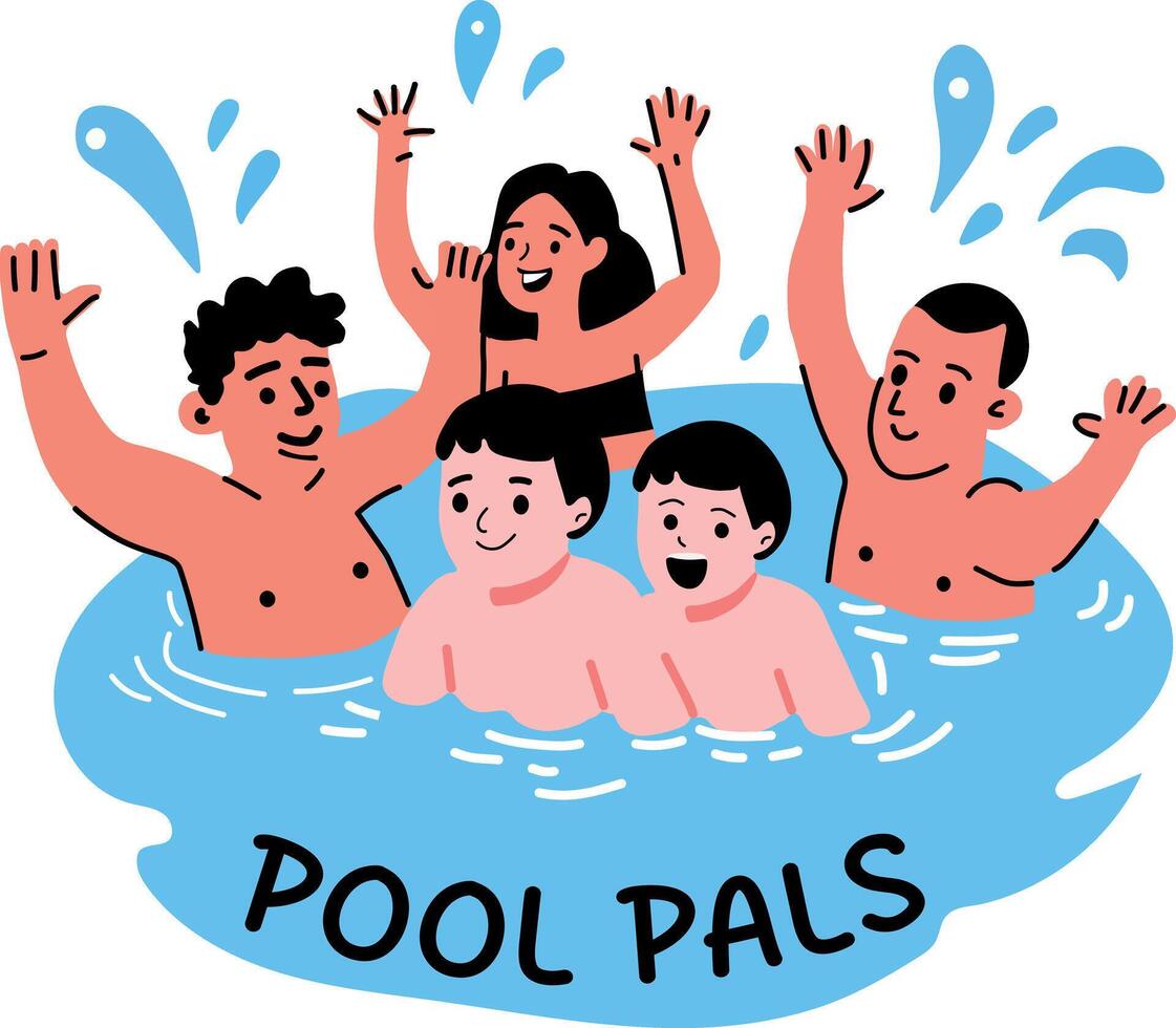 A flat sticker of group of friends playing in water with pool pals typography vector