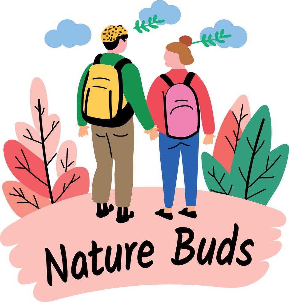 Flat sticker of a couple walking together in a forest with nature buds typography vector