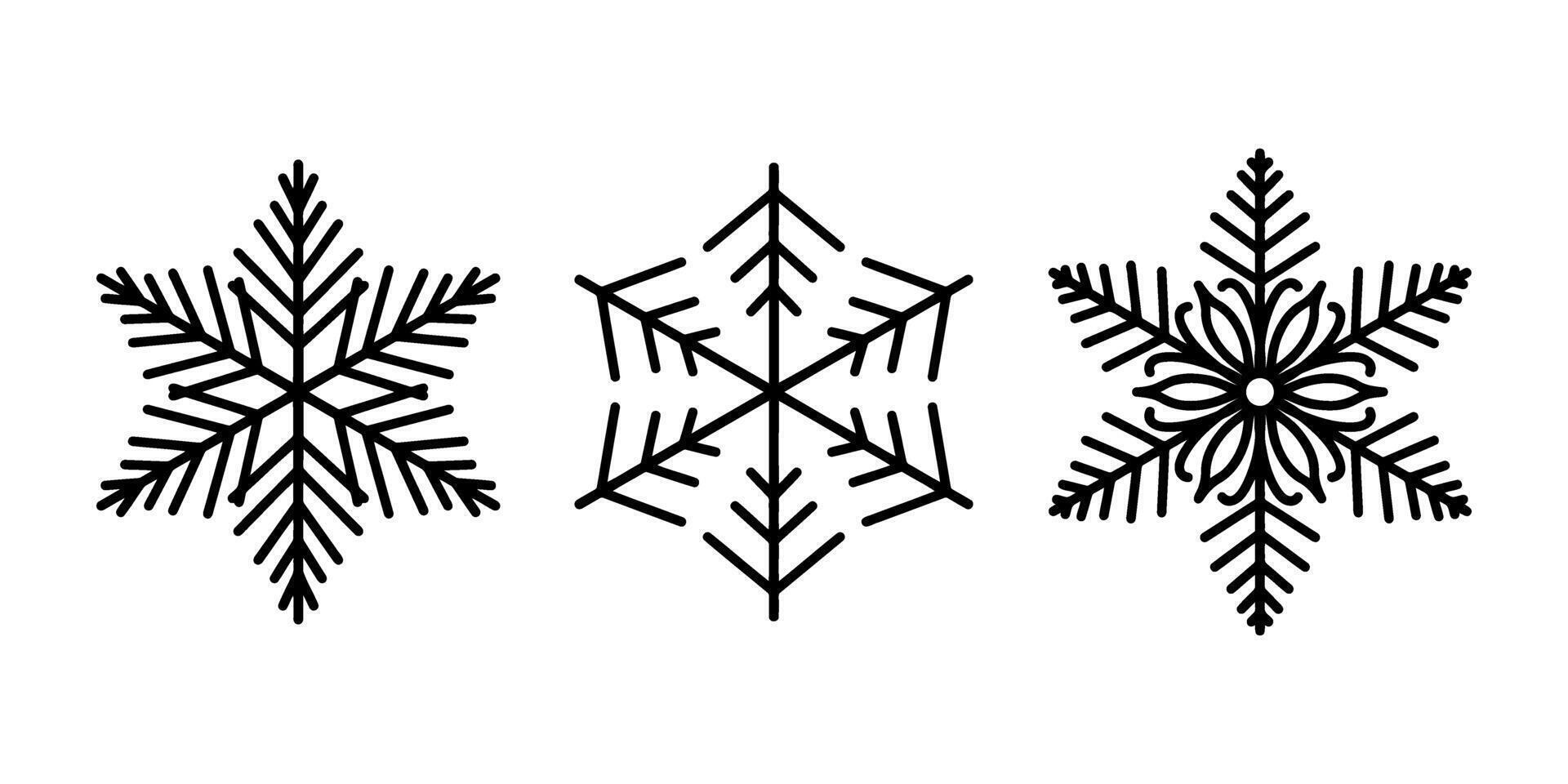 Beautiful snowflakes set, detailed hand drawn flat line illustration. Graphic outline drawing. Christmas and New Year symbol. Unique snowflake silhouette icon for frosty winter designs. vector
