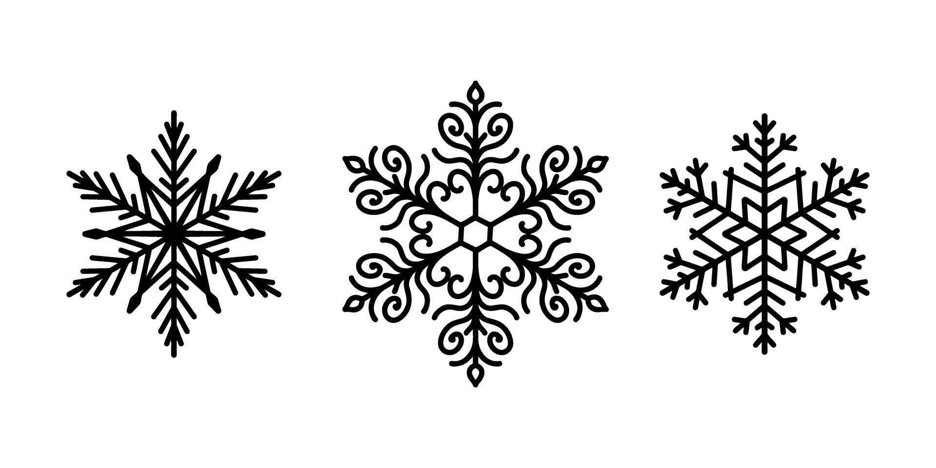 Beautiful snowflakes set, detailed hand drawn illustration. Graphic outline drawing. Christmas and New Year symbol. Unique snowflake silhouette icon for frosty winter designs. vector