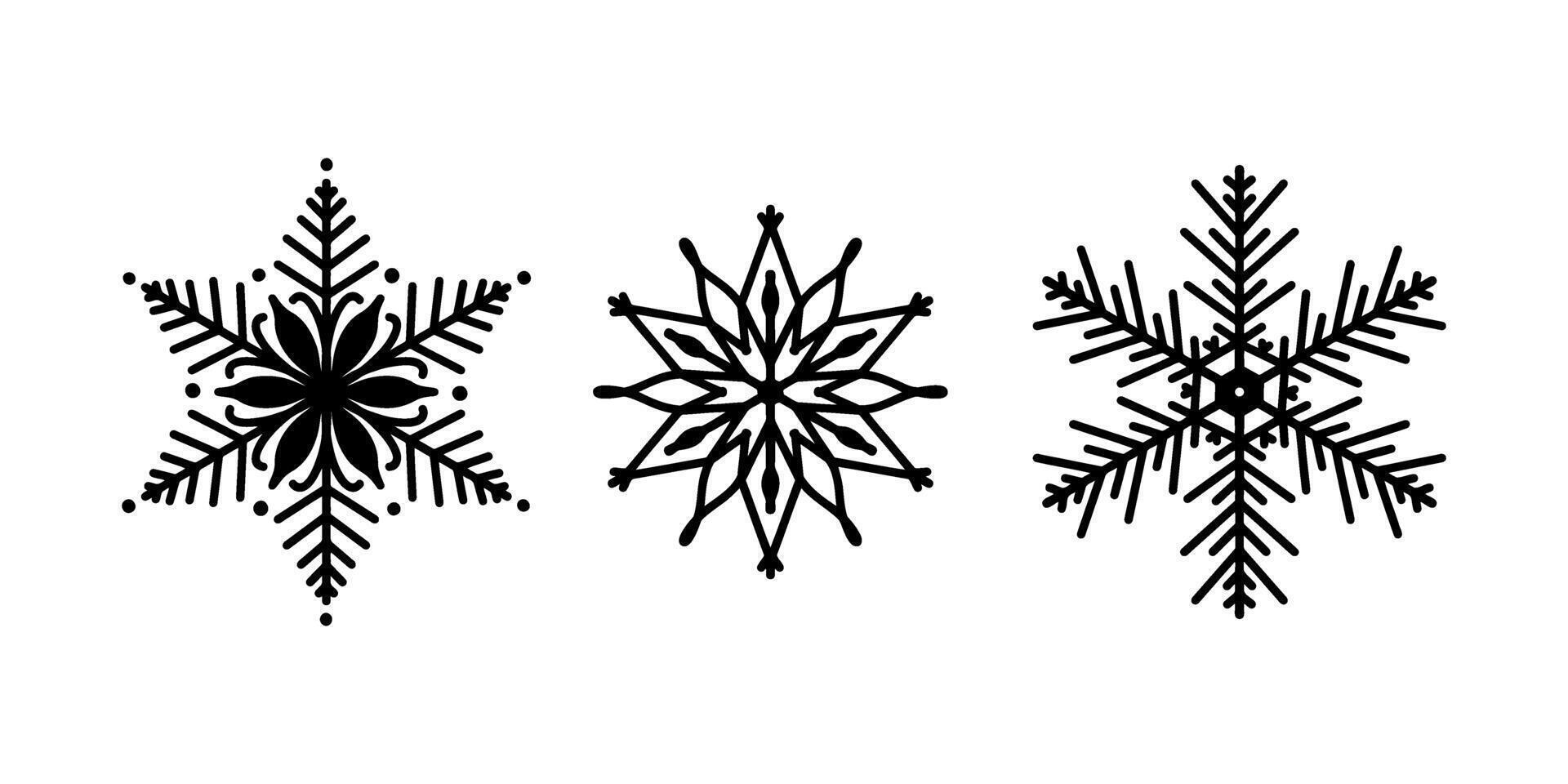 Beautiful snowflakes set, detailed hand drawn line illustration. Graphic outline drawing. Christmas and New Year symbol. Unique snowflake silhouette icon for frosty winter designs. vector