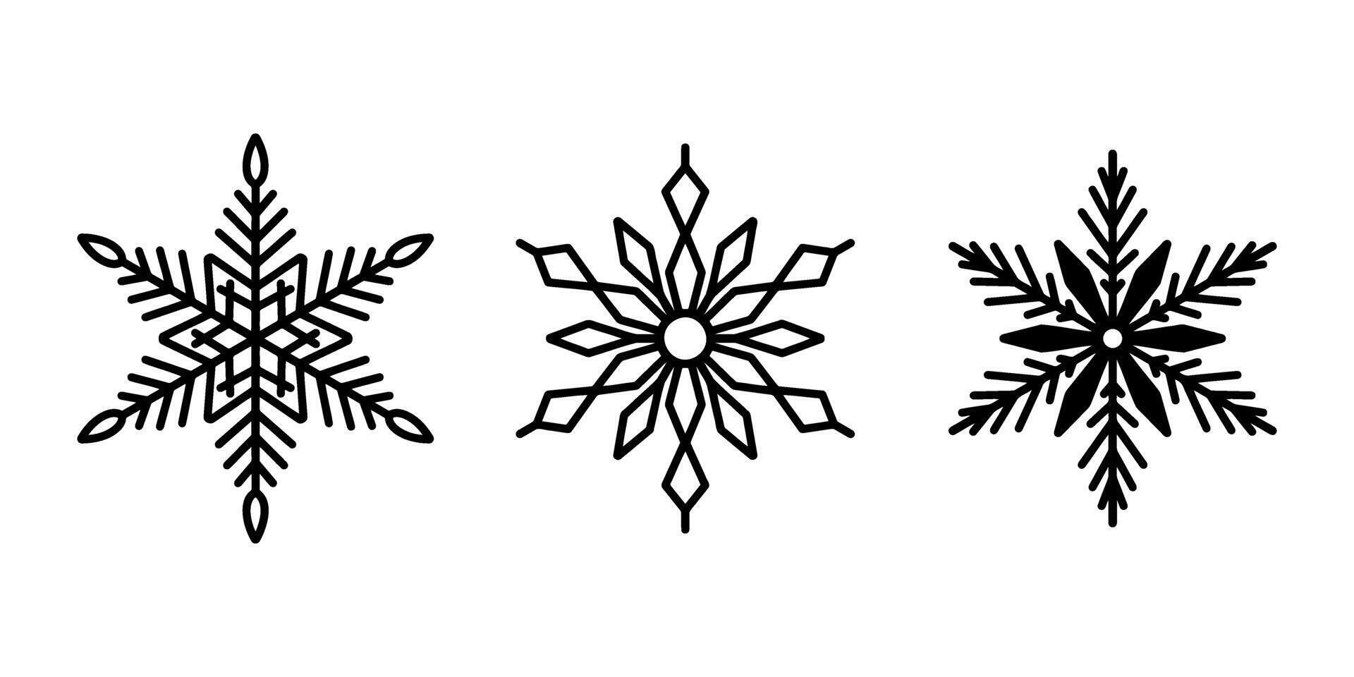 Beautiful snowflakes set, hand drawn flat line illustration. Graphic outline drawing. Christmas and New Year symbol. Unique snowflake silhouette icon for frosty winter designs. vector