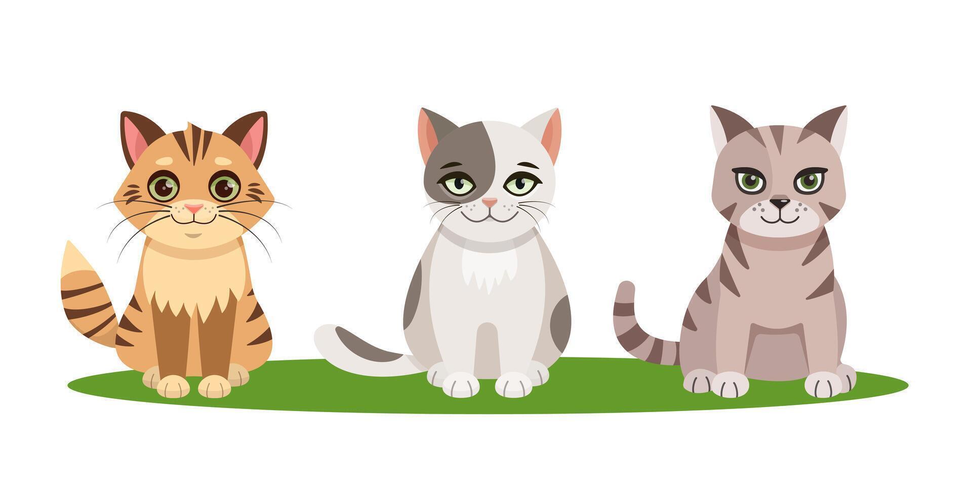 Set of flat illustrations in children's style. Cute kittens on a white background. Cat print. Cute kittens. vector