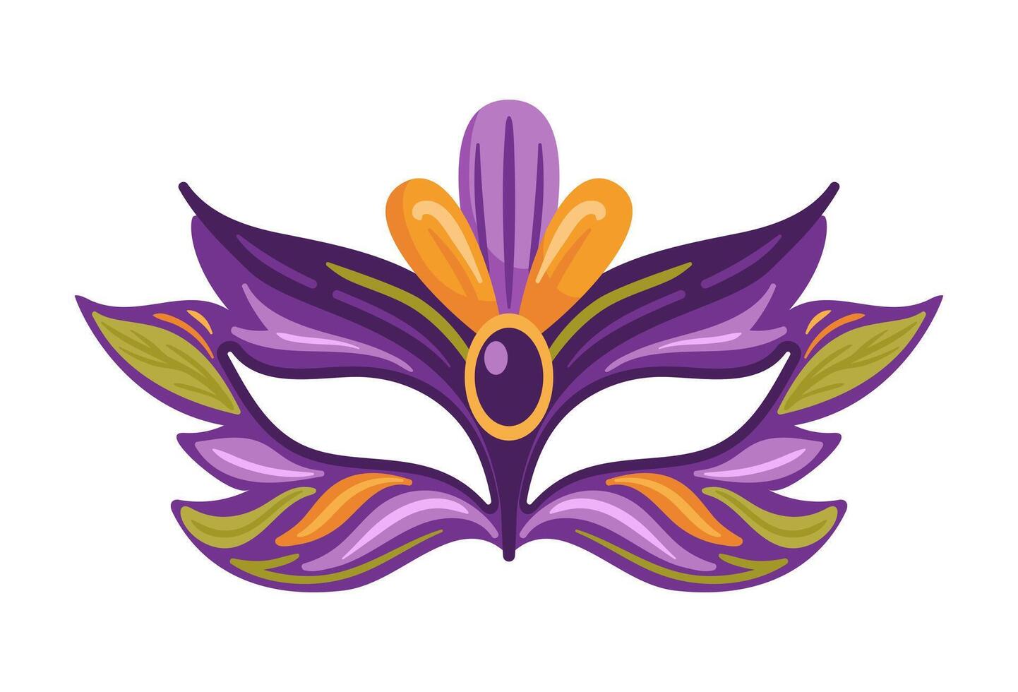 A vibrant carnival mask adorned with vivid feathers and foliage will enhance the spirited Mardi Gras celebration. This flat-style illustration is perfect for stickers or design elements. vector