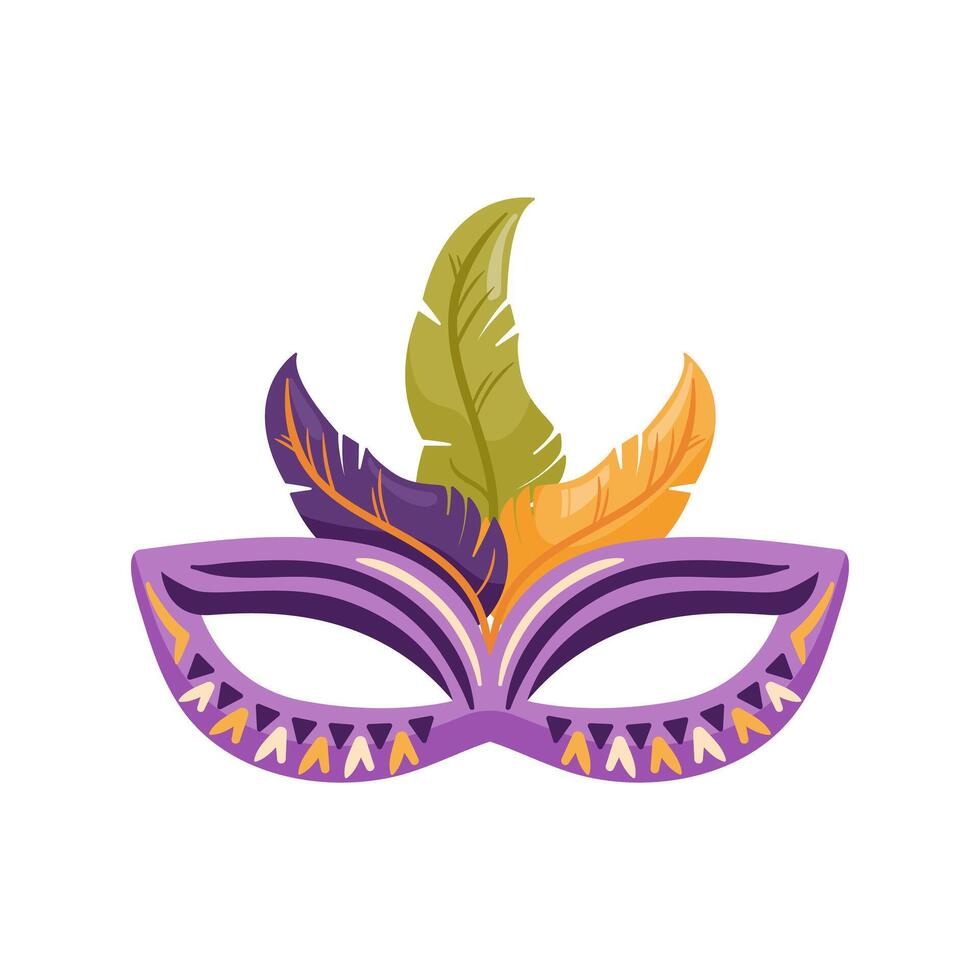 A colorful carnival mask, decorated with bright feathers, will decorate the festive celebrations of Mardi Gras. illustration in flat style for sticker, postcard, design element vector