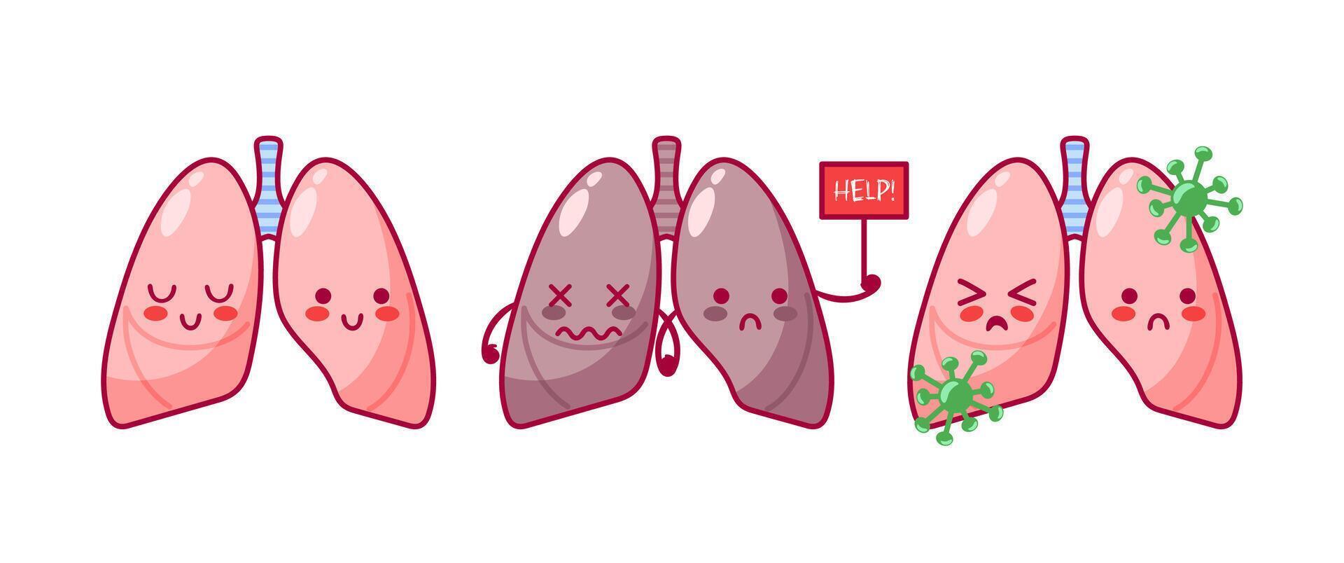 Lungs. Set of characters in cute cartoon characters in kawaii style. Healthy, smokers organ, viral disease, respiratory system. illustration. Health problems. Medical brochure template. vector