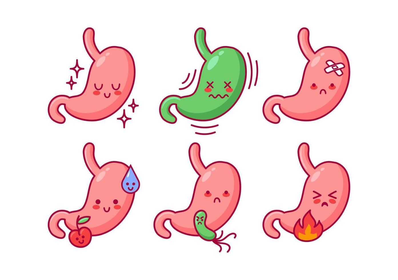 A set of stomach characters made in kawaii style, a diseased organ of the digestive system. Nausea, heartburn. Bariatrics, gastritis and ulcers. Ideal for stickers, books and medical brochures. vector