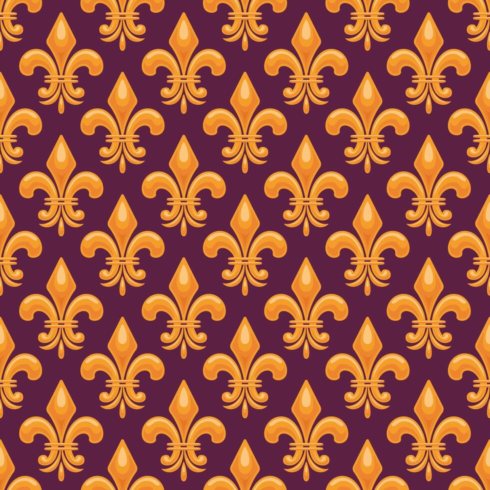 Mardi Gras-themed seamless background featuring a royal fleur-de-lis design in gold, complemented by diagonal patterns and dotted accents, inspired by the culture of New Orleans. vector